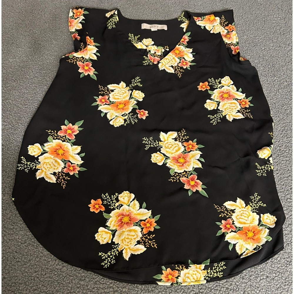 LOFT Floral Blouse Womens Medium Black Yellow Orange Flutter Sleeve V-Neck Top